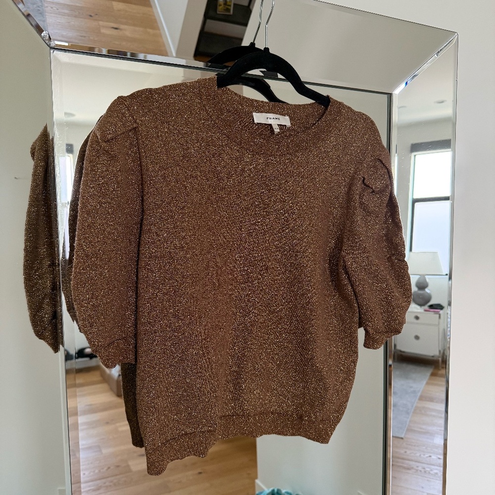 Frame Puff-Sleeved Knit Top - size M, Bronze/Metallic